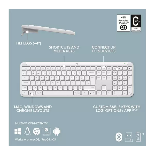 Logitech Signature Slim MK950 Wireless Keyboard, Sleek Design, Switch Typing Between Devices, Quiet Typing, Bluetooth, Multi-OS, Windows, Mac, Chrome, QWERTY UK Layout, White - 6
